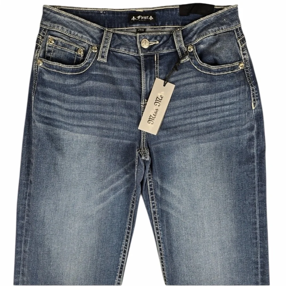 New Fleur by Miss Me Jeans Womens 29 / 8 Blue Medium Wash‎ Slim Wide Embellished - Picture 3 of 13